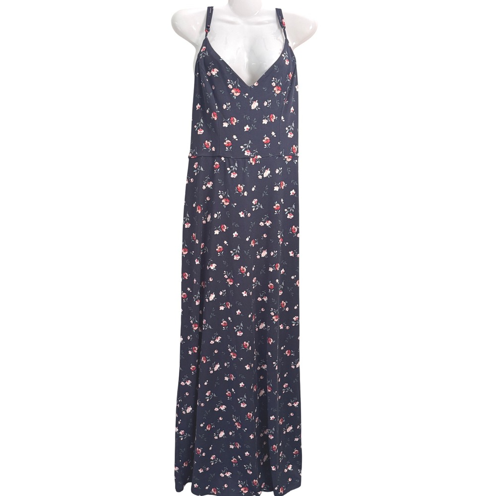 Floral Maxi Dress Navy Blue V Neck Sleeveless Casual Dress Size L Nine Britton